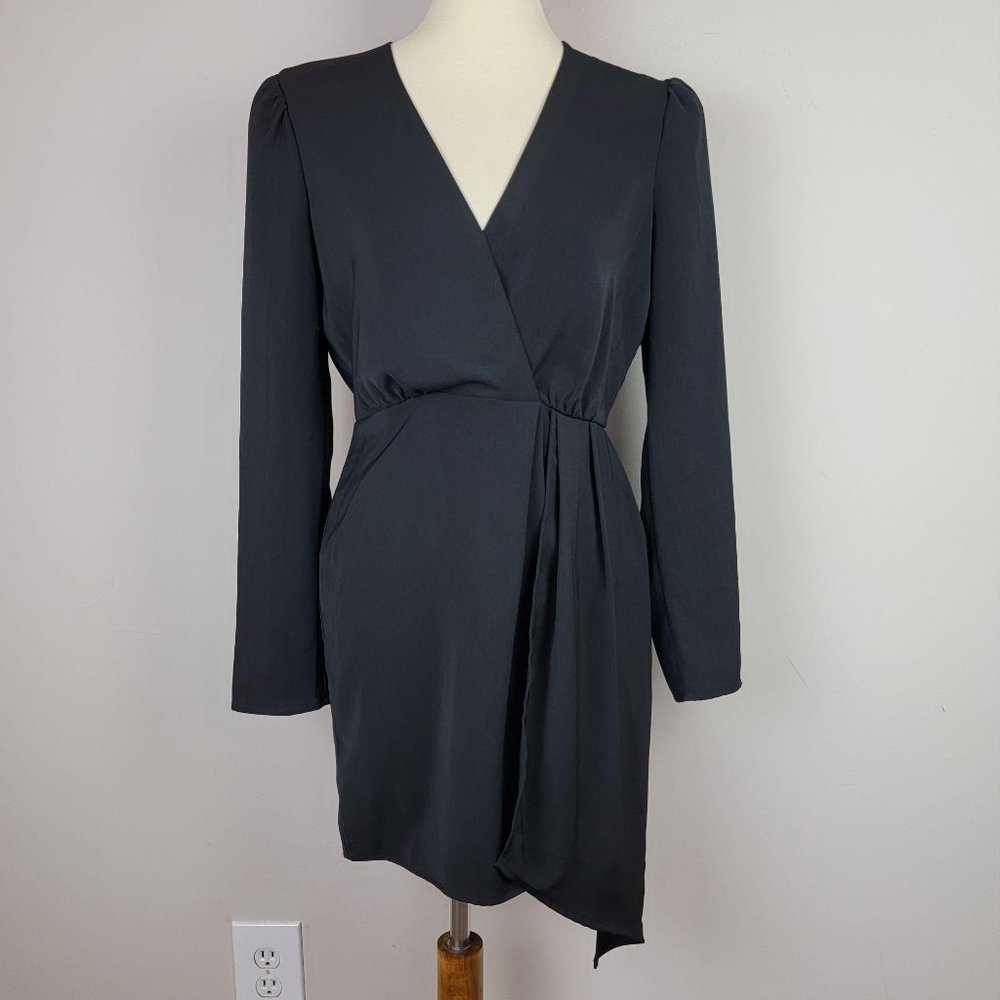 WAYF Black Drape Puff Long Sleeves V-Neck Dress M